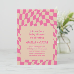 Retro Roze Abstract Schaakbord Baby Shower Kaart