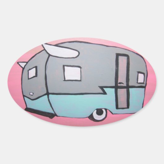 Retro Roze Airstream Trailer Ovale Sticker (Voorkant)