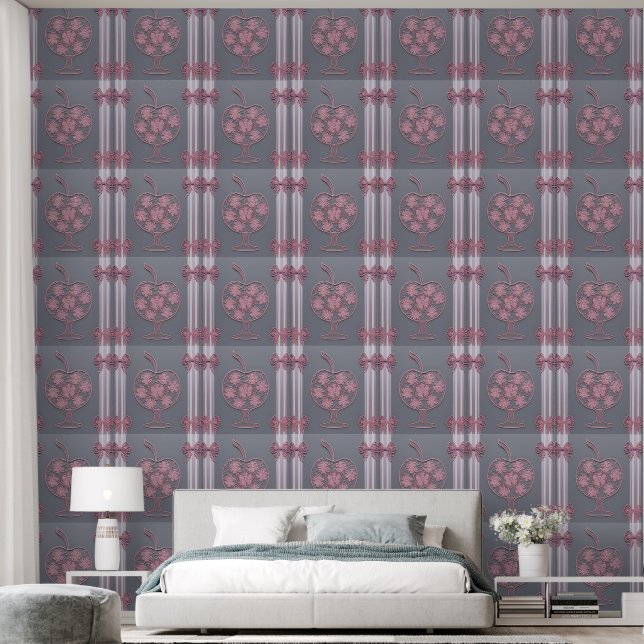 Retro Roze Appel Geometrische Streep Behang (Slaapkamer)