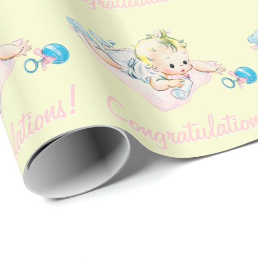 Retro Roze Baby shower inpakpapier (Rol Hoek)