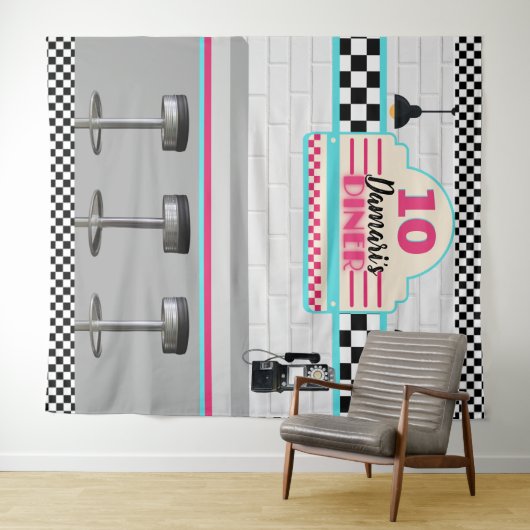 Retro Roze & Blauw Checkerboard Diner Achtergrond Wandkleed (In Situ (horizontaal))