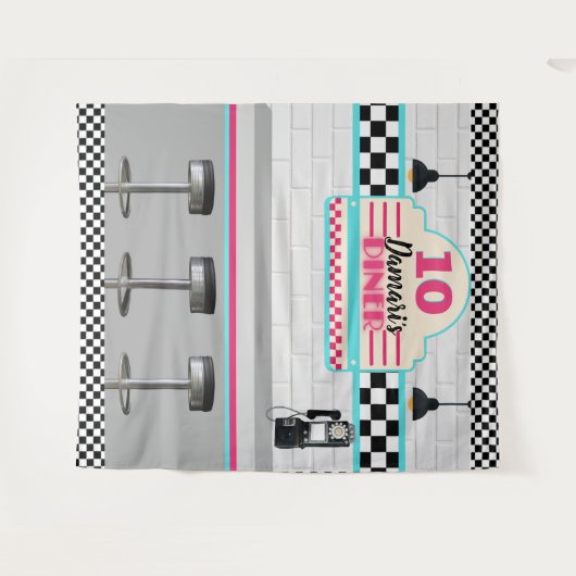 Retro Roze & Blauw Checkerboard Diner Achtergrond Wandkleed (Voorkant (horizontaal))