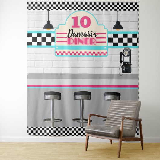 Retro Roze & Blauw Checkerboard Diner Achtergrond Wandkleed (In situ)