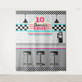 Retro Roze & Blauw Checkerboard Diner Achtergrond Wandkleed (Voorkant)