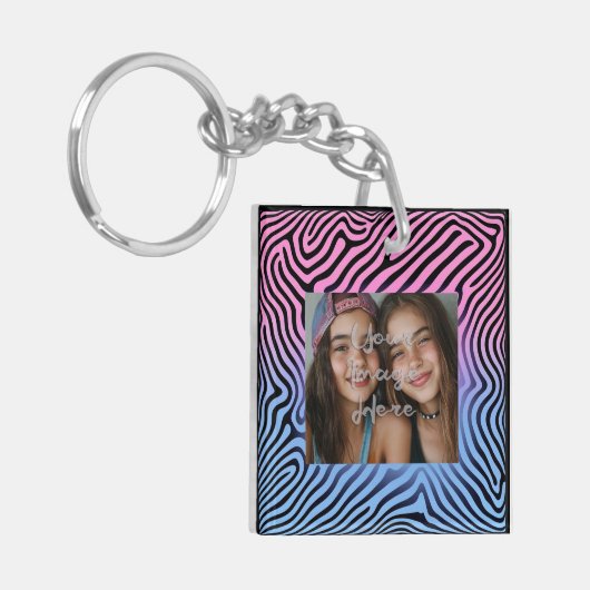 Retro Roze Blauw Gradient Zebra Stripe Foto Lijst Sleutelhanger (Voorkant Links)