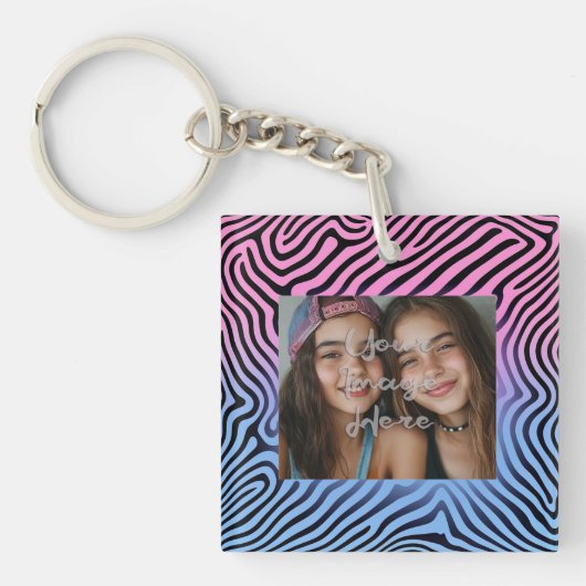 Retro Roze Blauw Gradient Zebra Stripe Foto Lijst Sleutelhanger (Voorkant)