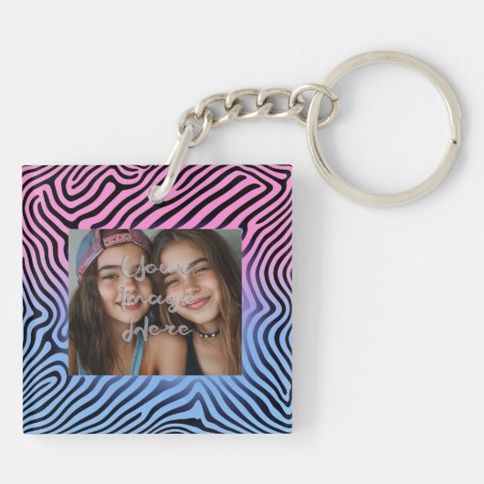 Retro Roze Blauw Gradient Zebra Stripe Foto Lijst Sleutelhanger (Achterkant)
