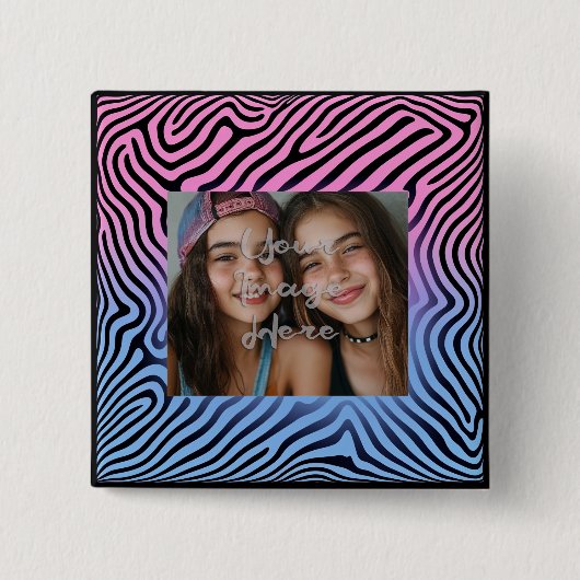 Retro Roze Blauw Gradient Zebra Stripe Foto Lijst Vierkante Button 5,1 Cm (Voorkant)