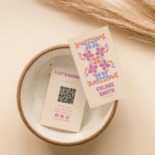 Retro Roze Blauw Groovy Bloemen Girly Boho QR Code Visitekaartje