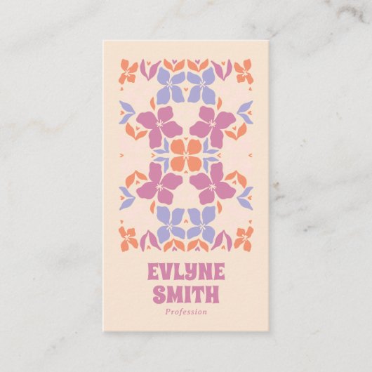 Retro Roze Blauw Groovy Bloemen Girly Boho QR Code Visitekaartje (Voorkant)