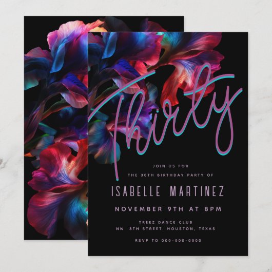 Retro Roze Blauw Neon Bloemen 30e Verjaardag Kaart (Voorkant / Achterkant)