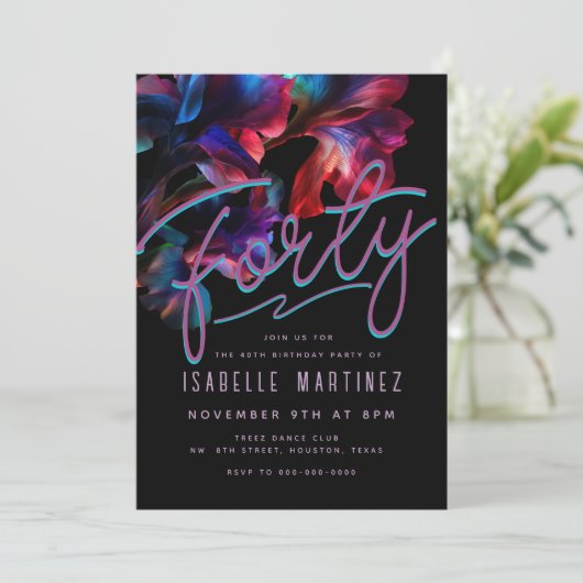 Retro Roze Blauw Neon Bloemen 40ste Verjaardag Kaart (Staand voorkant)