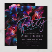 Retro Roze Blauw Neon Bloemen 40ste Verjaardag Kaart (Voorkant / Achterkant)