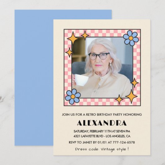 Retro Roze Blauwe Bloemen Foto 99ste verjaardag Kaart (Voorkant / Achterkant)