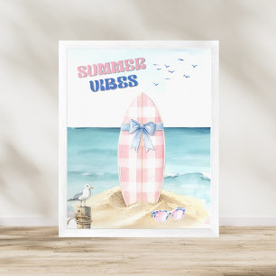 Retro Roze Blauwe Surfplank Zomer Stemming Waterve Poster