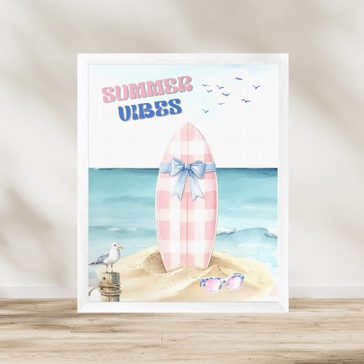 Retro Roze Blauwe Surfplank Zomer Stemming Waterve Poster