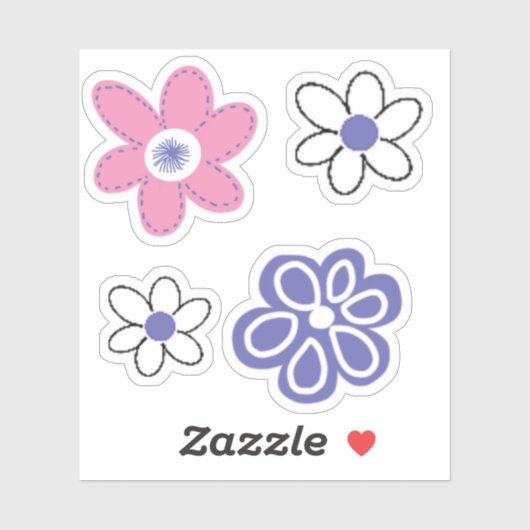 Retro Roze Blauwgroene Bloemen Wit Sticker (Vel)