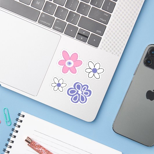 Retro Roze Blauwpaars Lavendel Witte Bloemen Sticker (Laptop met iPhone)
