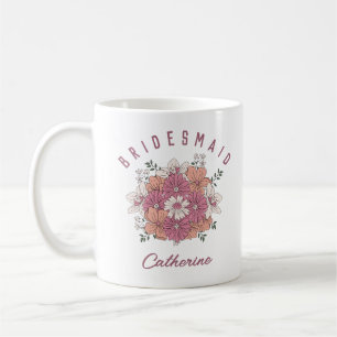 Retro Roze Bloem Aangepaste Naam Bruidsmeisje Mok