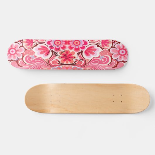 Retro Roze Bloem Waterverf Girly Persoonlijk Skateboard (Horizontaal)