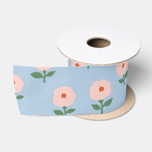 Retro roze bloemen op blauwe achtergrond satijnen lint