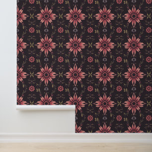 Retro Roze Bloemen Patroon op Donkere Achtergrond Behang
