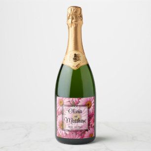 Retro roze bloemenprint met madeliefjesmotief sparkling wijnetiket