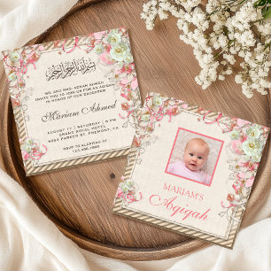  Retro roze bloemige baby meisje foto Aqiqah Kaart