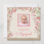  Retro roze bloemige baby meisje foto Aqiqah Kaart (Voorkant)