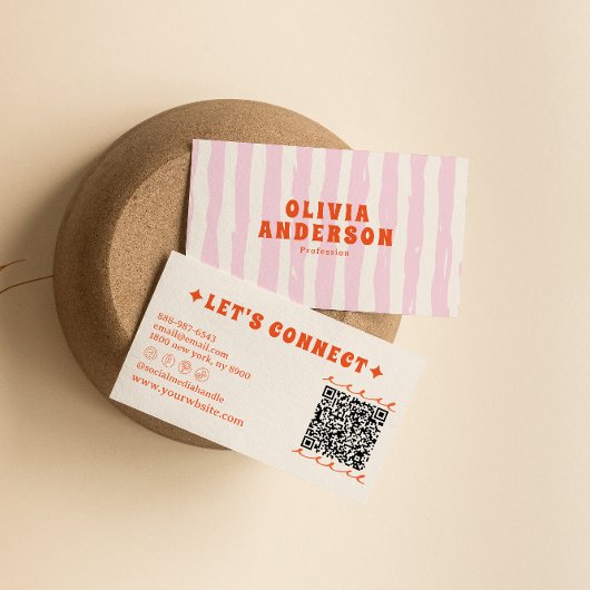 Retro Roze Boho Groovy Pinstripes Girly QR Code Visitekaartje