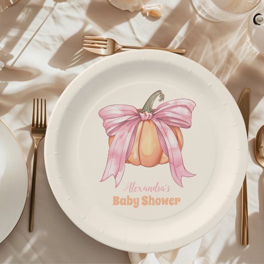 Retro Roze Bow Pompoen Baby shower Papieren Bordje