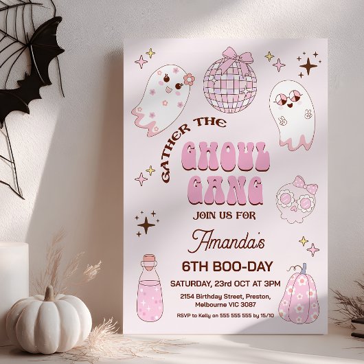 Retro Roze Bruin Halloween Ghoul Gang Verjaardag Kaart
