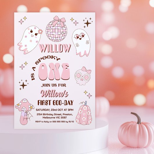 Retro Roze Bruin Halloween Spooky Een 1e Verjaarda Kaart