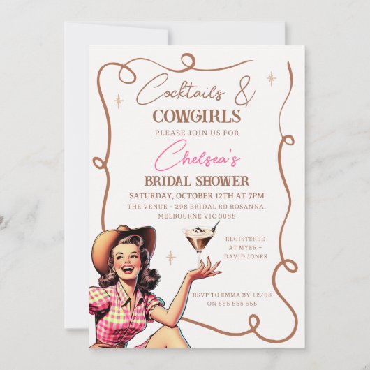 Retro Roze Bruine Cocktails Cowgirls Vrijgezellenf Kaart (Voorkant)