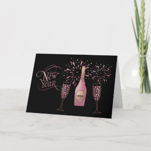 Retro Roze Champagne Vuurwerk Nieuwjaar Feestdagen Kaart