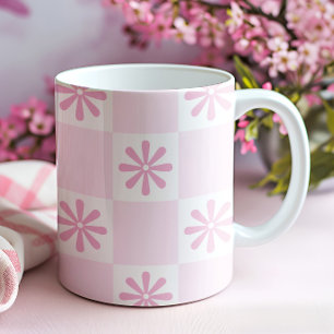 Retro Roze Checker Geruit Bloempatroon Koffiemok