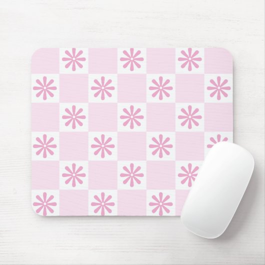 Retro Roze Checker Geruit Bloempatroon Muismat (Met muis)