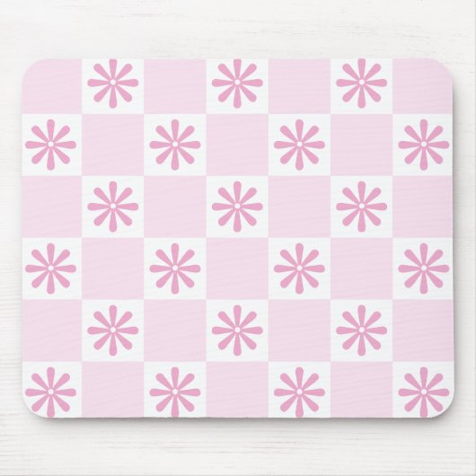 Retro Roze Checker Geruit Bloempatroon Muismat (Voorkant)