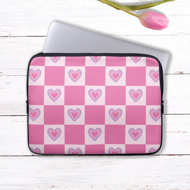Retro Roze Checker Geruit Hartpatroon Laptop Sleeve (Creator heeft geüpload)