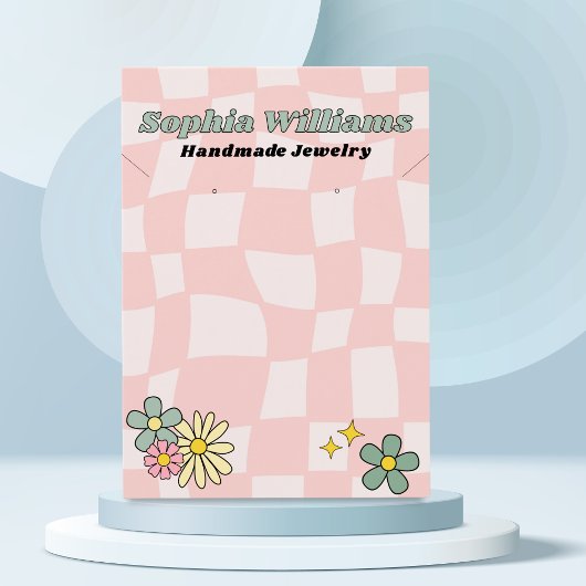 Retro Roze Checker Ketting & Oorbel Display Kaart Contactkaartje