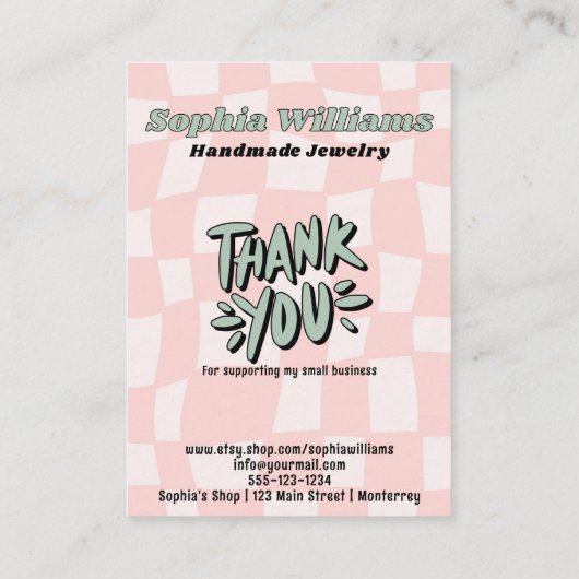 Retro Roze Checker Ketting & Oorbel Display Kaart Contactkaartje (Achterkant)