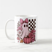 Retro Roze Coquette Ghost Girl met Boog Halloween Koffiemok (Links)