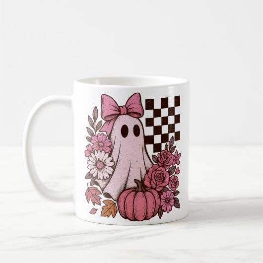 Retro Roze Coquette Ghost Girl met Boog Halloween Koffiemok (Links)