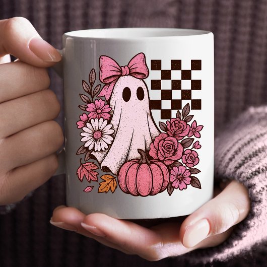 Retro Roze Coquette Ghost Girl met Boog Halloween Koffiemok