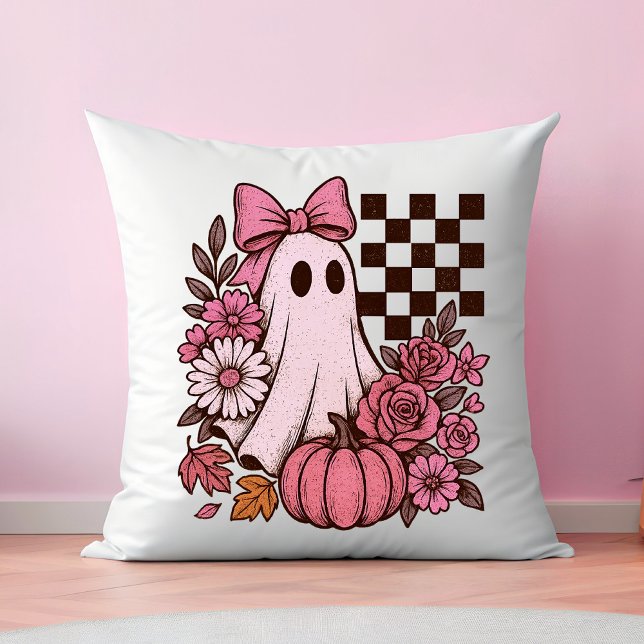 Retro Roze Coquette Ghost Girl met Boog Halloween Kussen (This coquette ghost retro Halloween design combines floral sweetness with spooky spirit.)