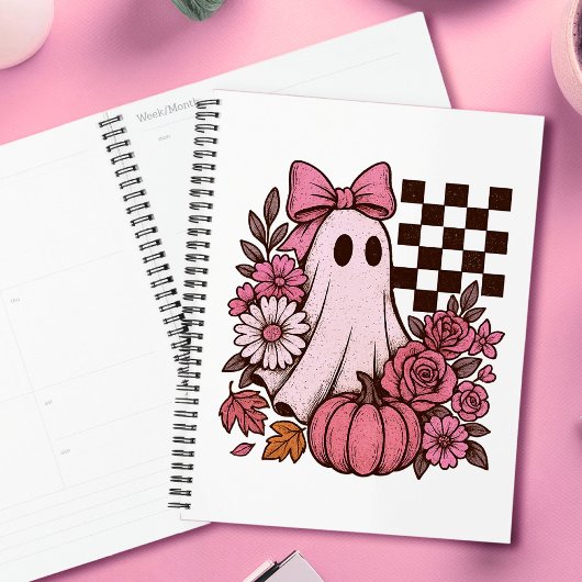 Retro Roze Coquette Ghost Girl met Boog Halloween Planner