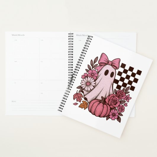 Retro Roze Coquette Ghost Girl met Boog Halloween Planner (Display)