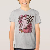 Retro Roze Coquette Ghost Girl met Boog Halloween Tri-Blend Shirt (Voorkant)
