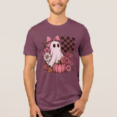 Retro Roze Coquette Ghost Girl met Boog Halloween Tri-Blend Shirt (Voorkant)