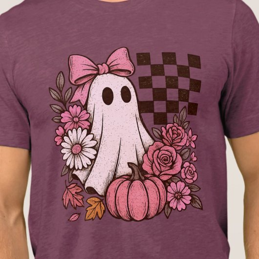 Retro Roze Coquette Ghost Girl met Boog Halloween Tri-Blend Shirt